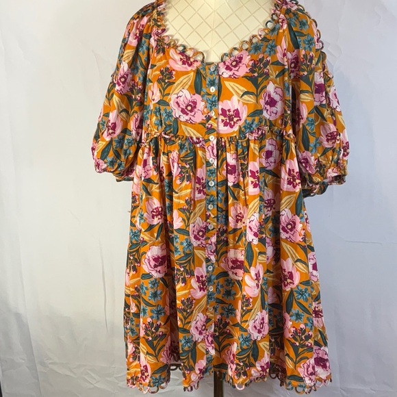 Topshop Orange Floral Three Quarter Inch Puffed Sleeve Mini Dress Size 12 - Picture 2 of 10